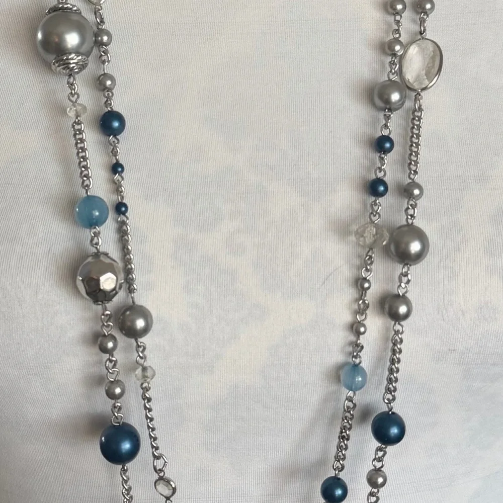 Silver Tone & Blue Beaded Long Necklace | Station Necklace